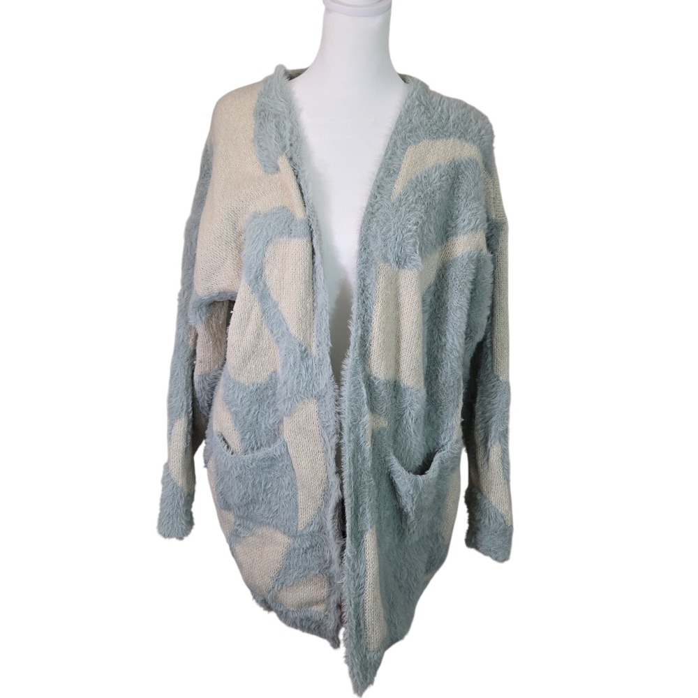Debut Fuzzy Abstract Print Open Front Cardigan Sweater Women's Size L Cozy Fuzzy